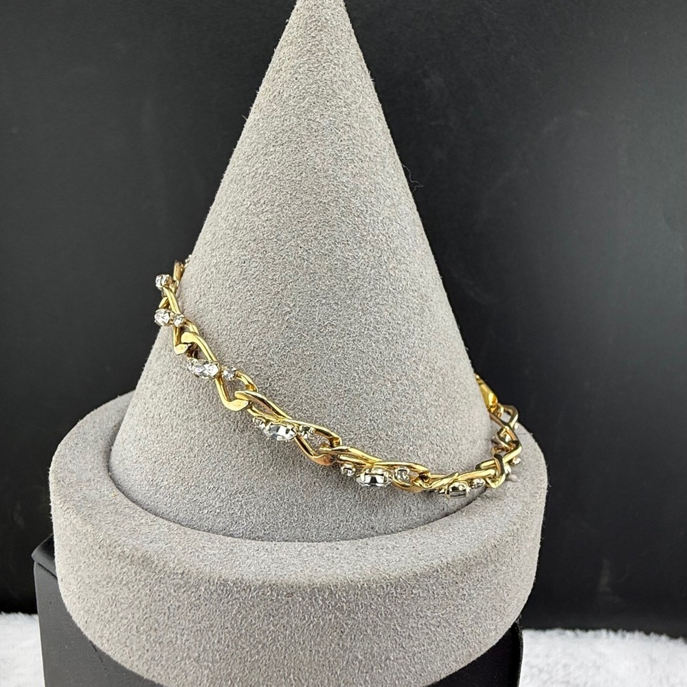 Vintage Krementz Link Bracelet Gold Crystal Marquise Round Women 7.5in